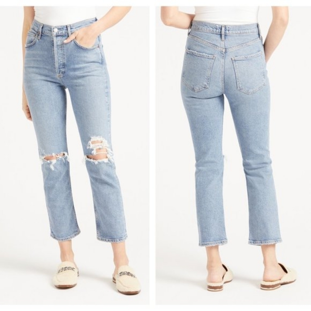 AGOLDE Riley High Rise Straight Jeans Whiplash Distressed Blue